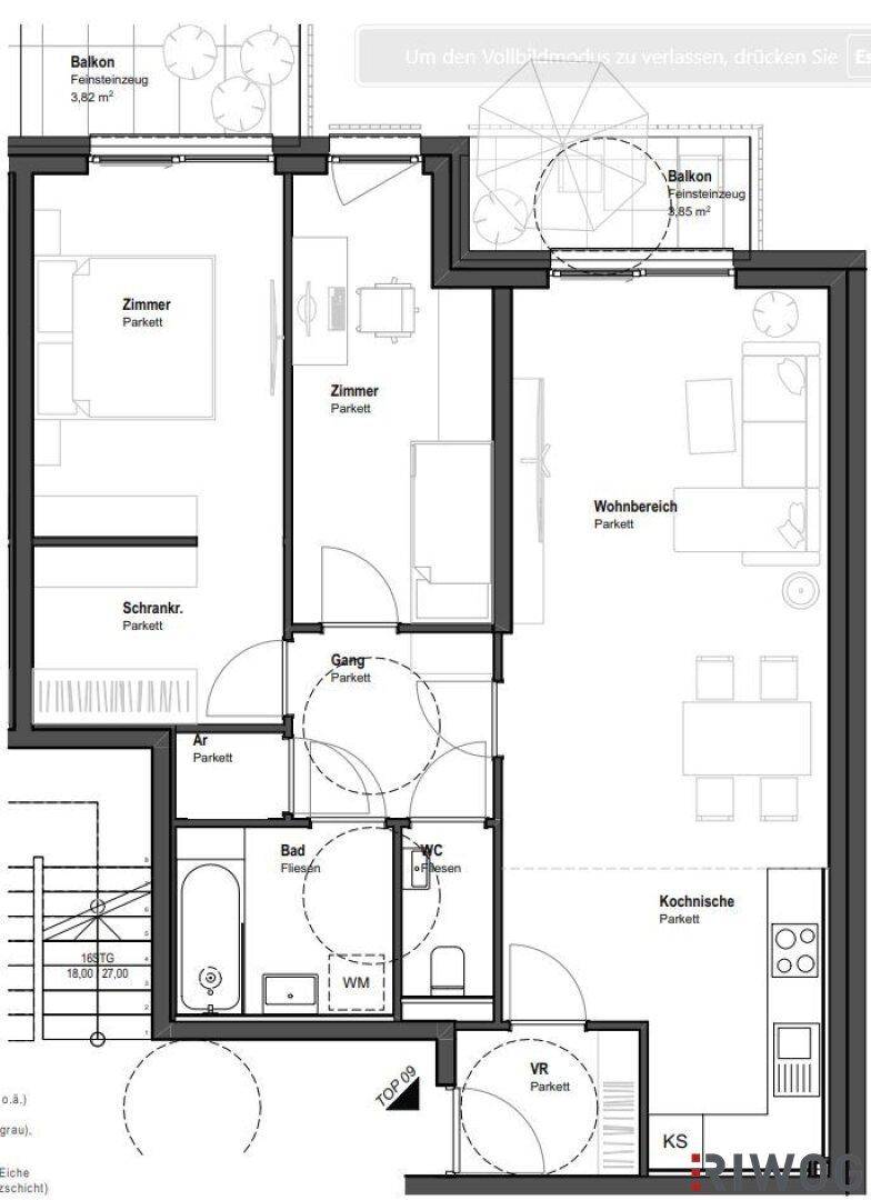 Grundriss einer Wohnung mit zwei Schlafzimmern, offenem Wohnbereich, separatem WC und zwei Balkonen.