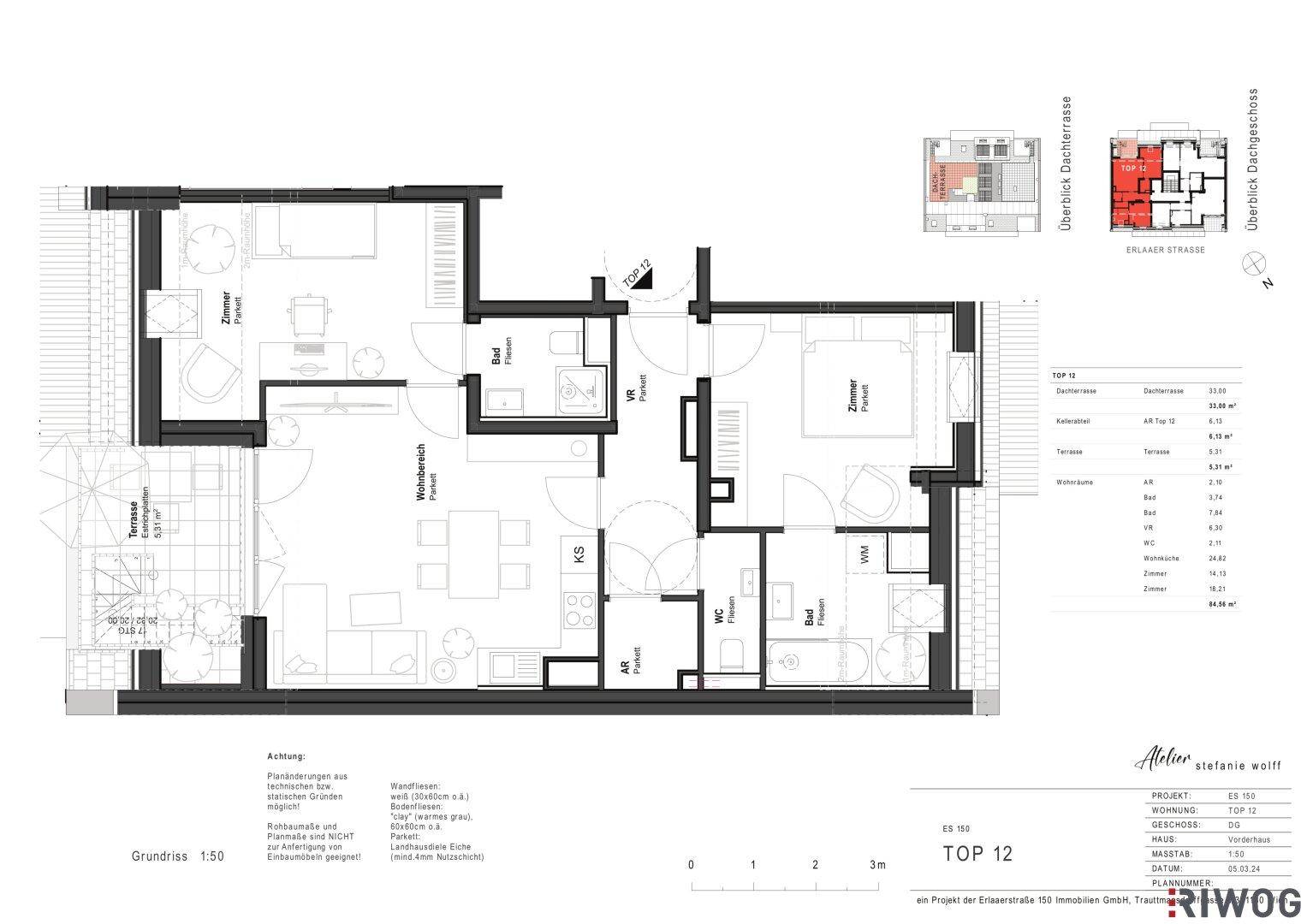 Detaillierter Grundriss einer 3-Zimmer-Wohnung mit offener Küche und großer Terrasse.