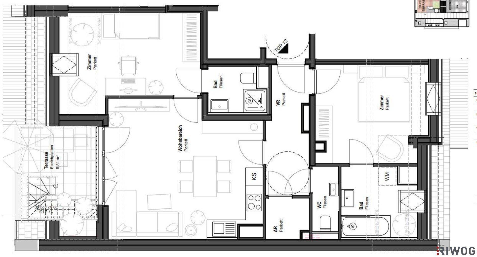 Grundriss einer Wohnung mit offenem Wohnbereich, zwei Bädern, separatem WC und großer Terrasse.