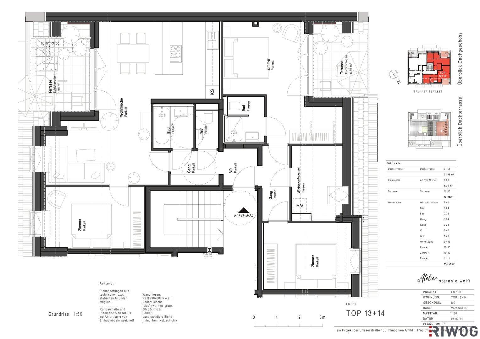 Übersichtlicher Grundriss mit offener Wohnküche, drei Schlafzimmern, zwei Bädern und zwei Terrassen.