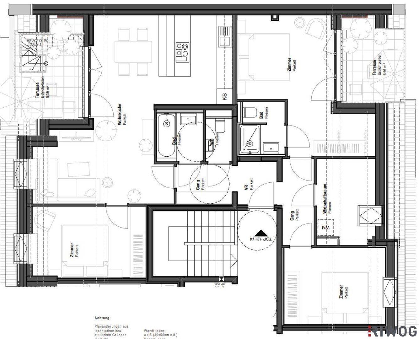 Detaillierter Grundriss mit offener Wohnküche, drei Schlafzimmern, zwei Bädern und zwei Terrassen.