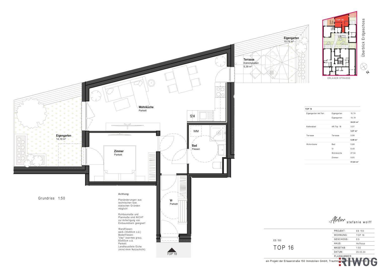 Grundriss einer Wohnung mit offener Wohnküche, einem Zimmer, Bad, Terrasse und eigenem Garten.