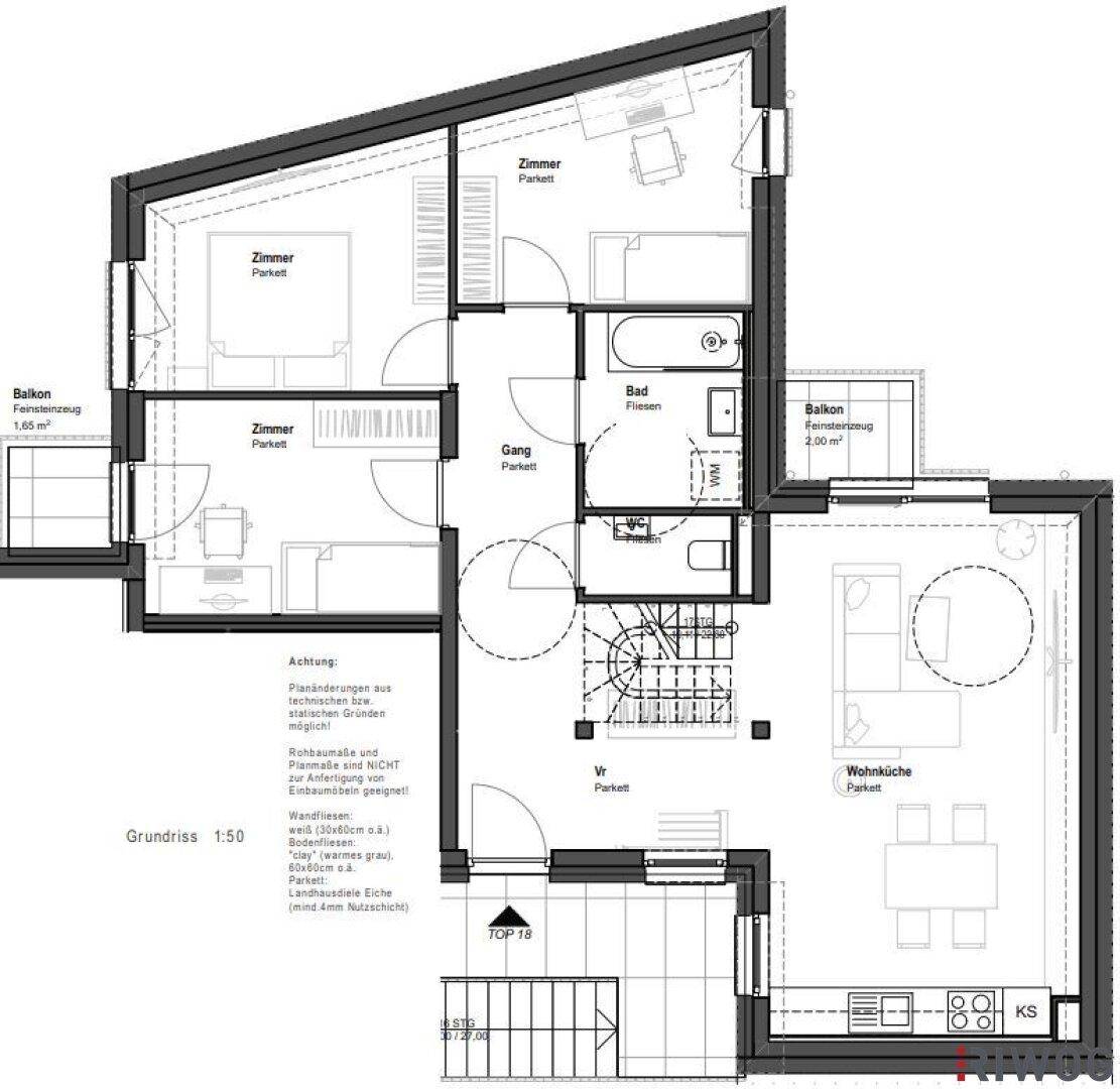 Grundriss einer Wohnung mit drei Zimmern, Wohnküche, Bad und zwei Balkonen, detailliert dargestellt.