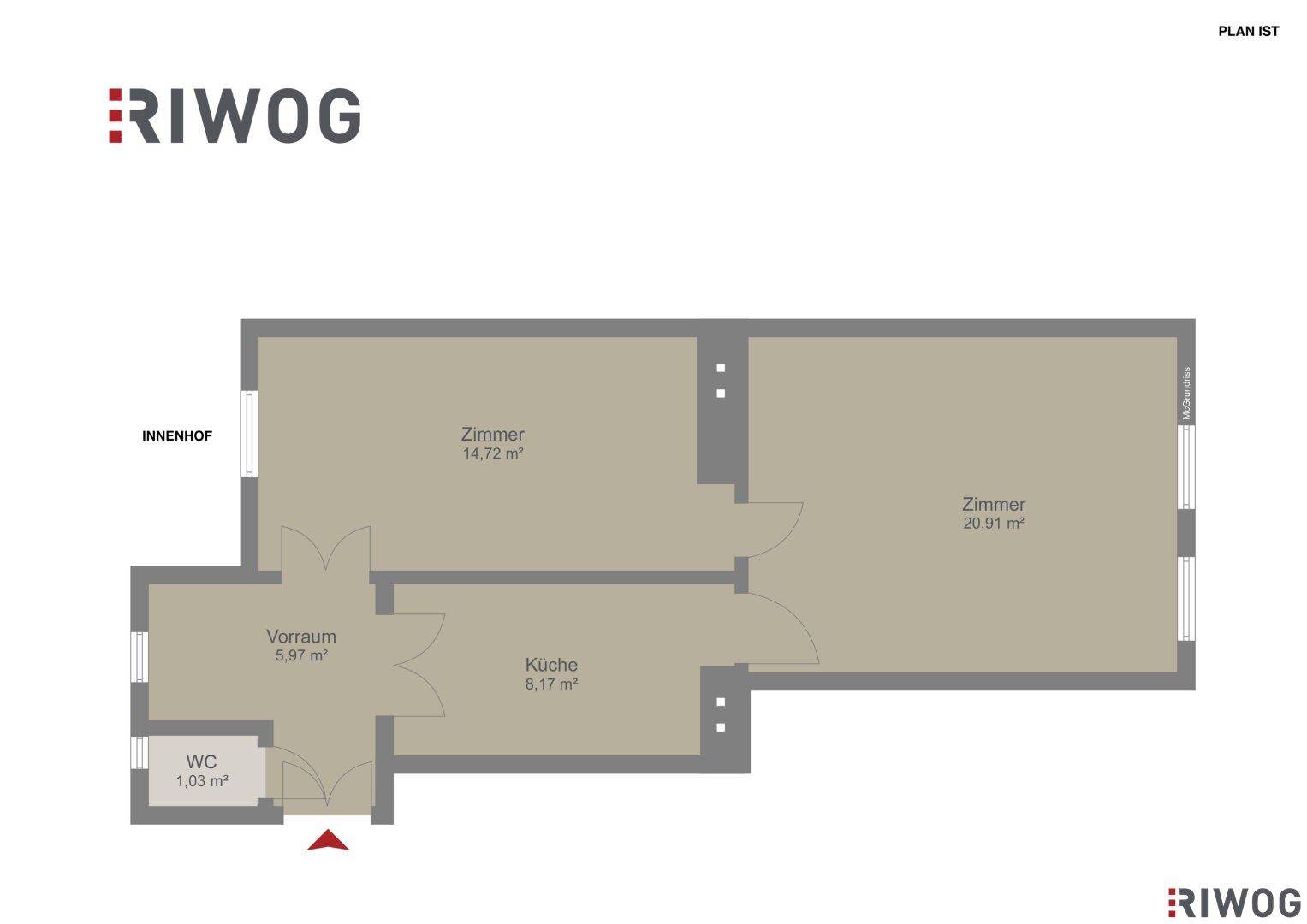 Aktueller Grundriss der Wohnung mit Vorraum, Küche, WC und zwei Zimmern.