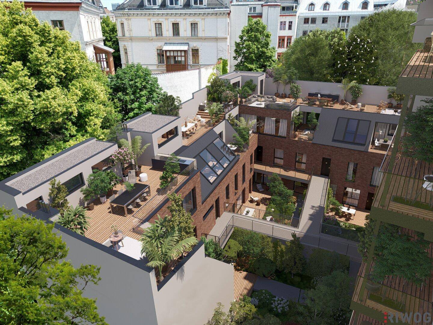 Weitläufige Wohnanlage mit begrünten Innenhöfen, Dachterrassen und moderner Architektur in urbaner Umgebung.