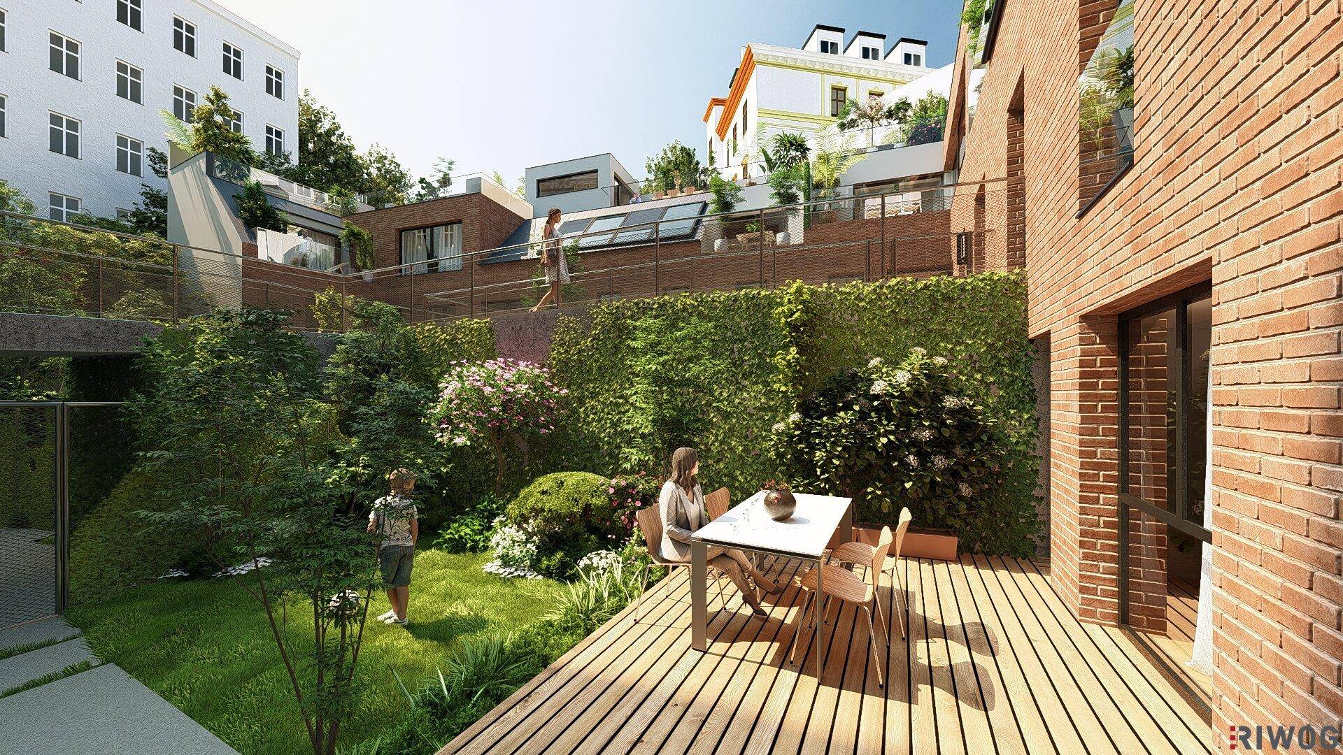 Gemütlicher Garten mit Holzterrasse, Essbereich im Freien und grünen Hecken, perfekt für gesellige Stunden.