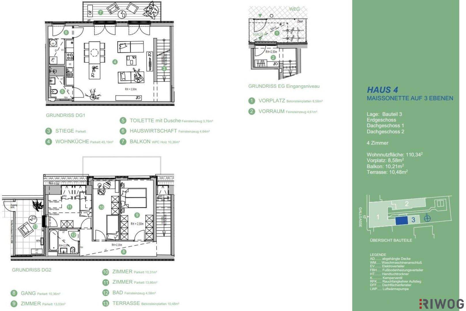 Grundriss für Haus 4, eine Maisonette auf drei Ebenen mit Balkon und Terrasse.