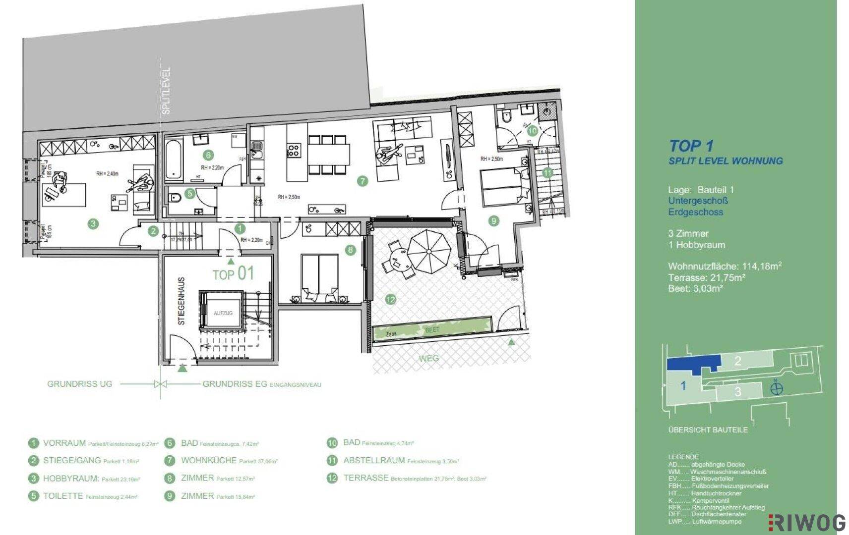Grundriss einer Split-Level-Wohnung mit drei Zimmern und Terrasse.