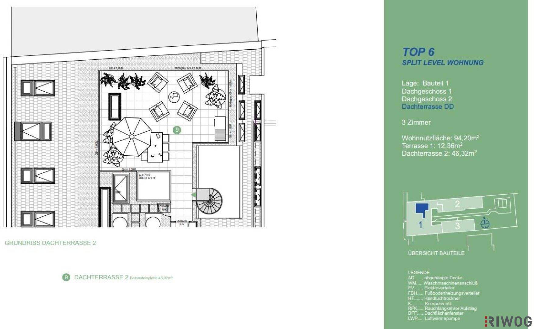 Grundriss der Dachterrasse einer Split-Level-Wohnung mit Sitzbereichen.