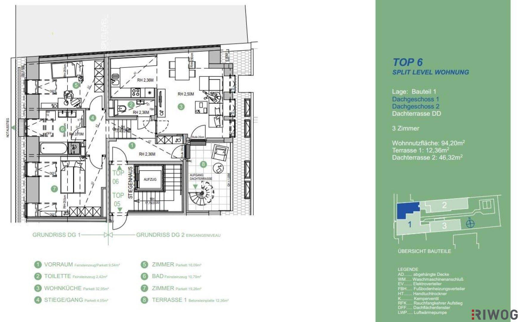 Grundriss einer Split-Level-Wohnung mit drei Zimmern und zwei Terrassen.