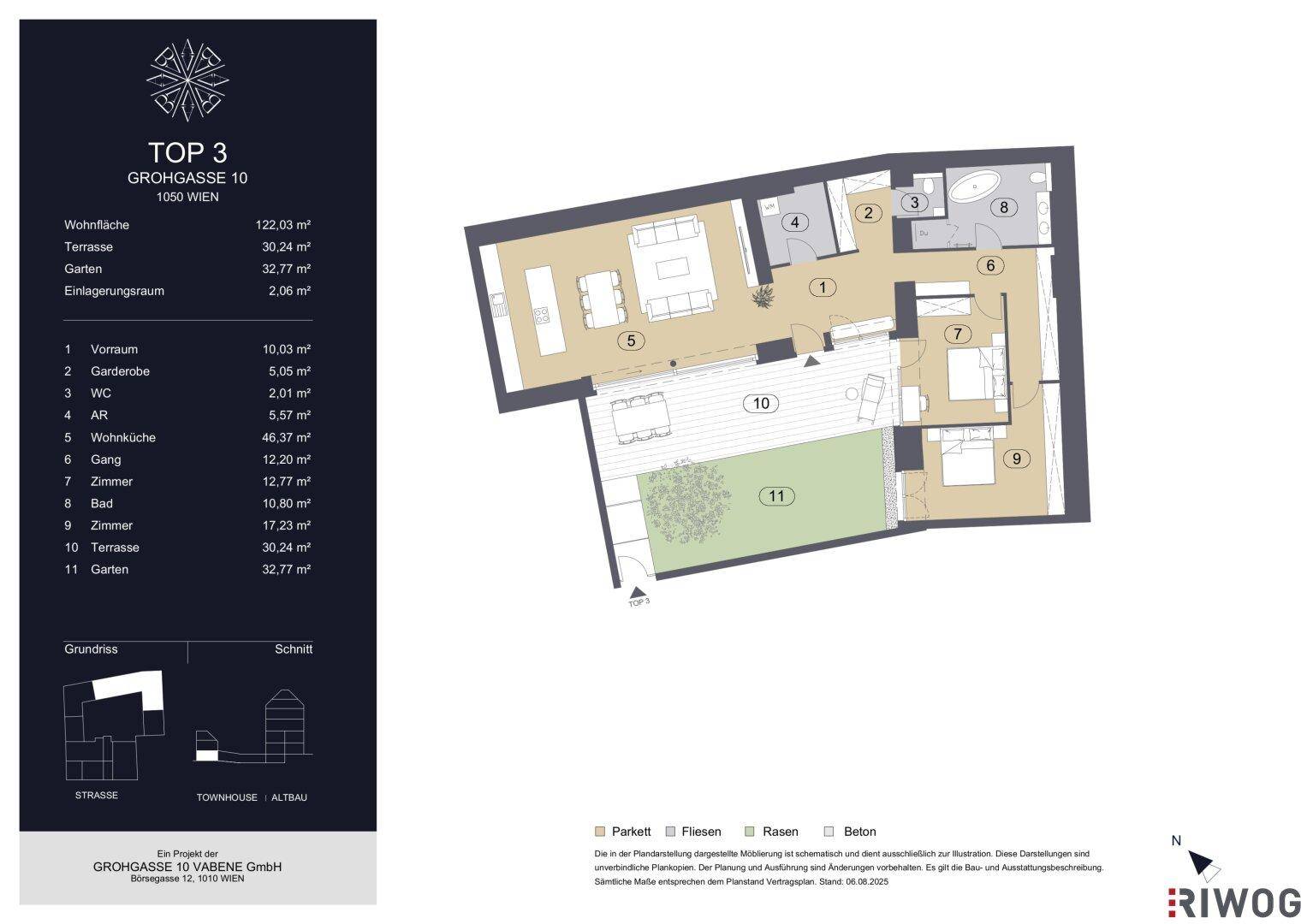 Detaillierter Grundriss der Wohnung TOP 3 mit offener Wohnküche, zwei Schlafzimmern, Bad, separatem WC, großer Terrasse und eigenem Garten.