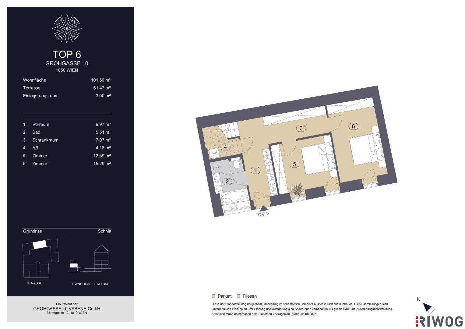 Grundriss einer Etage mit Bad, Abstellraum, zwei Zimmern und Zugang zu einer Terrasse.
