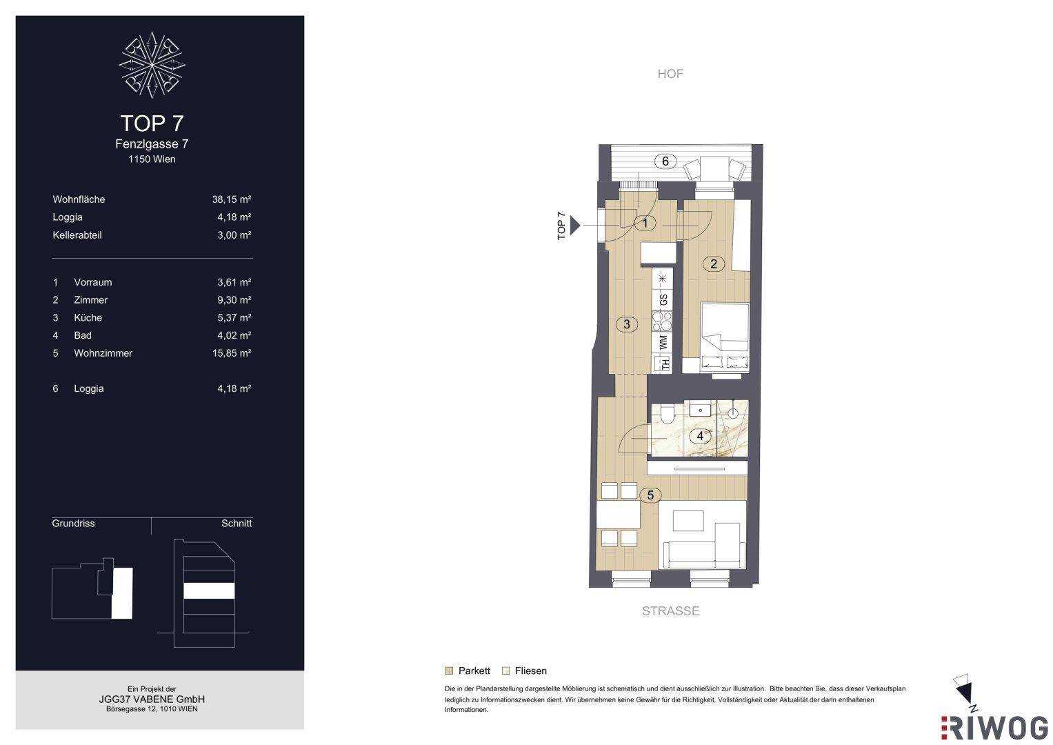 Grundriss der Wohnung TOP 7 mit Loggia, Küche, Bad und separatem WC.