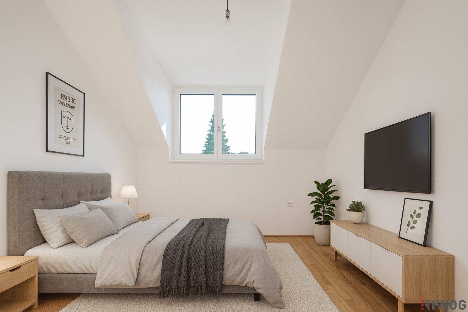 Helles Schlafzimmer im Dachgeschoss mit Doppelbett, modernem Dekor und Dachschrägen.