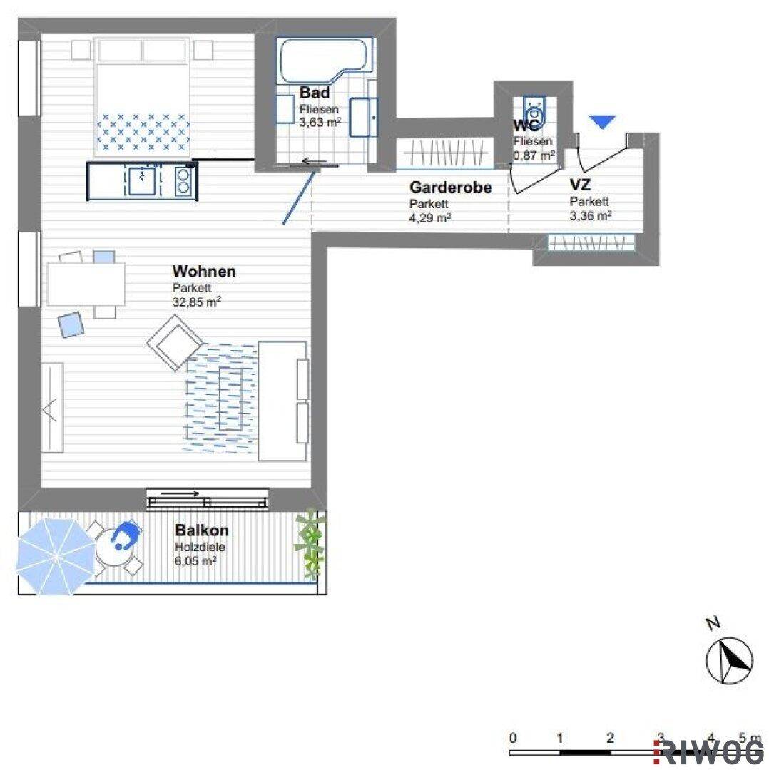 Grundriss der Wohnung mit Wohnbereich, Schlafzimmer, Bad, WC und Balkon.