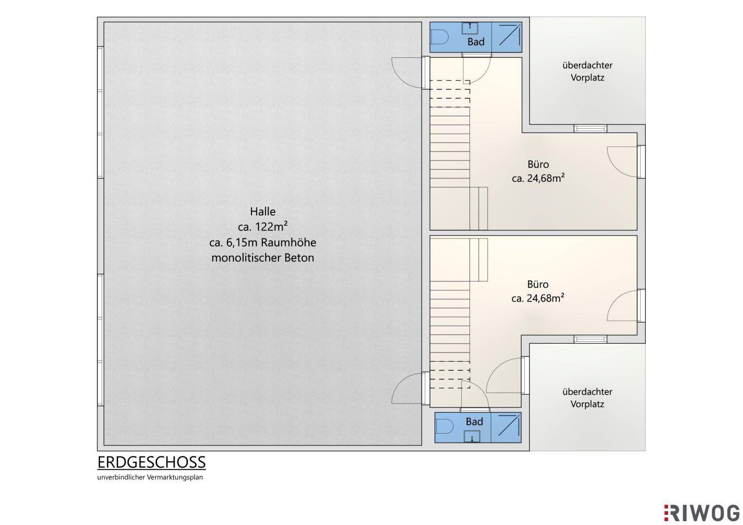 Grundriss des Erdgeschosses mit großer Halle, zwei Büros, zwei Bädern und überdachtem Vorplatz.