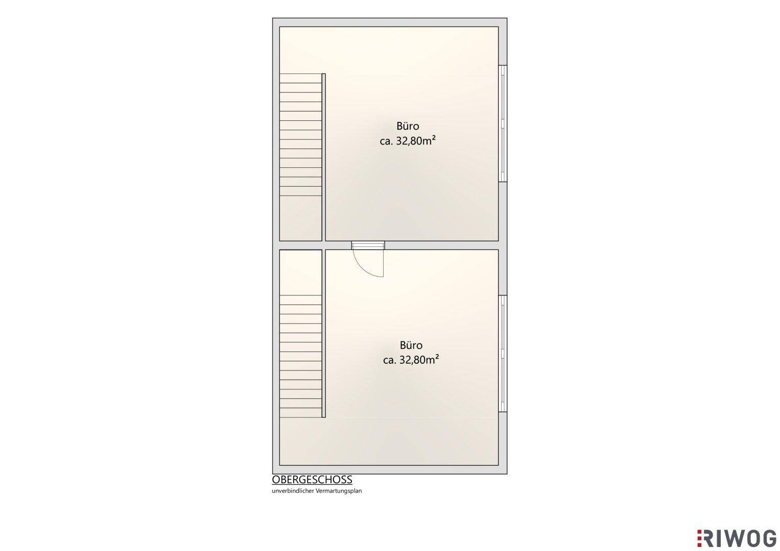 Grundriss des Obergeschosses mit zwei separaten Büroräumen und Treppenhauszugang.