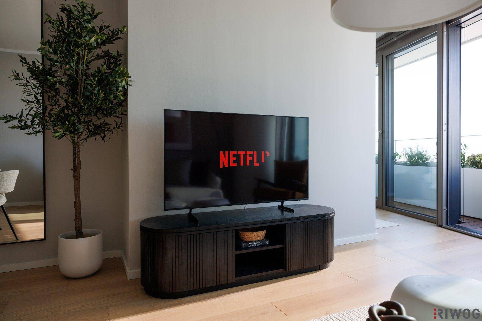 Detailaufnahme des Fernsehers auf einem eleganten schwarzen Medienmöbelstück.