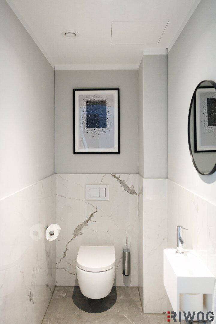 Modernes Gäste-WC mit Wand-WC, kleinem Waschbecken und eleganten Marmorfliesen.