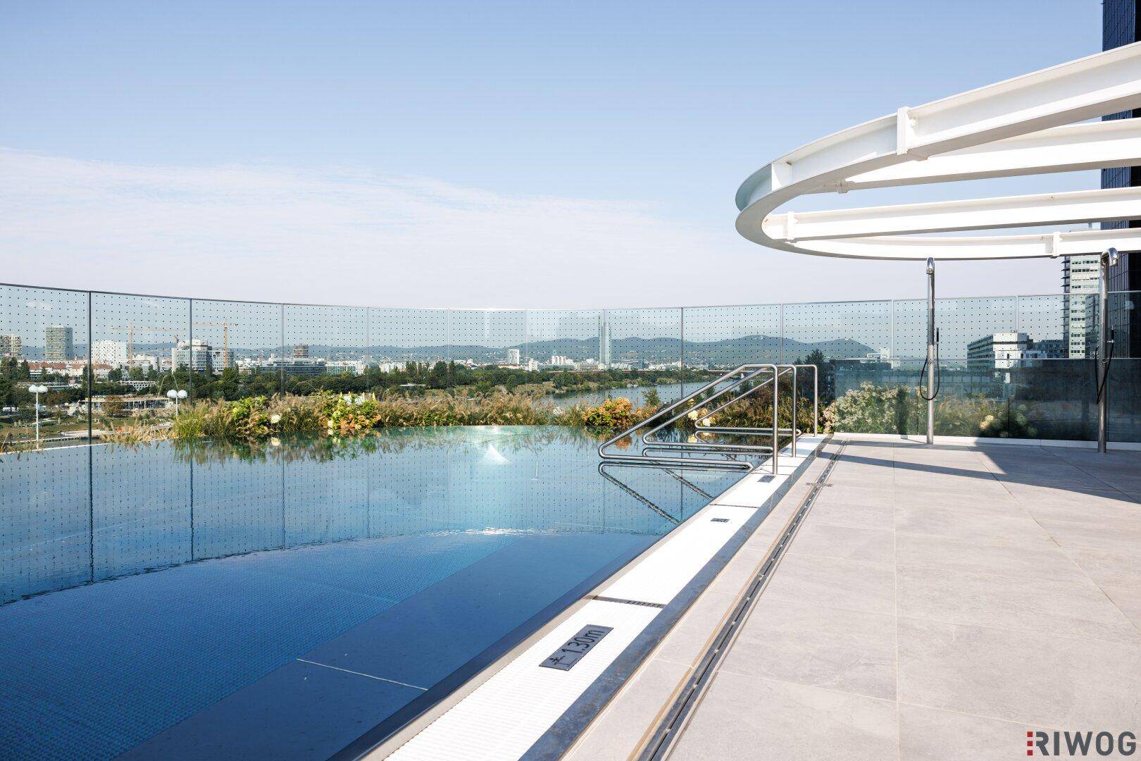 Exklusiver Dachpool mit weitem Blick über die Stadtlandschaft und das Wasser, umgeben von einer Terrasse.