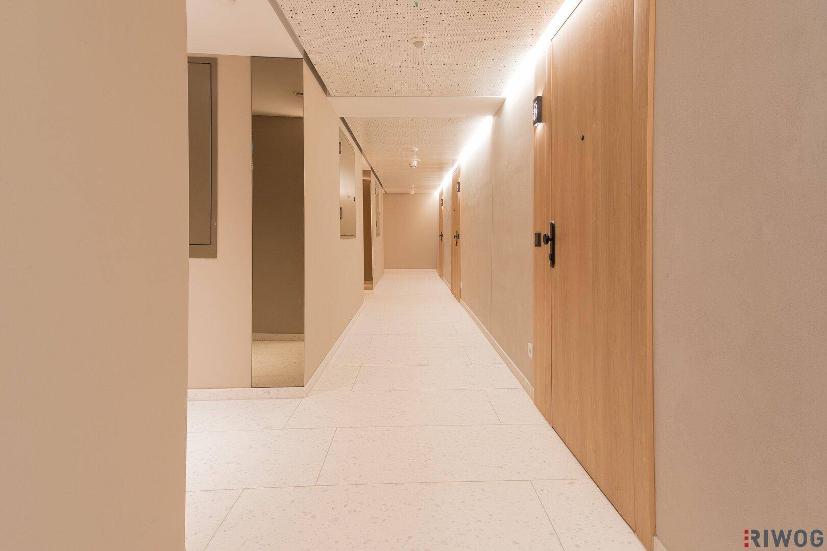 Moderner Flur mit Holztüren und heller Beleuchtung, die eine einladende Atmosphäre schafft.