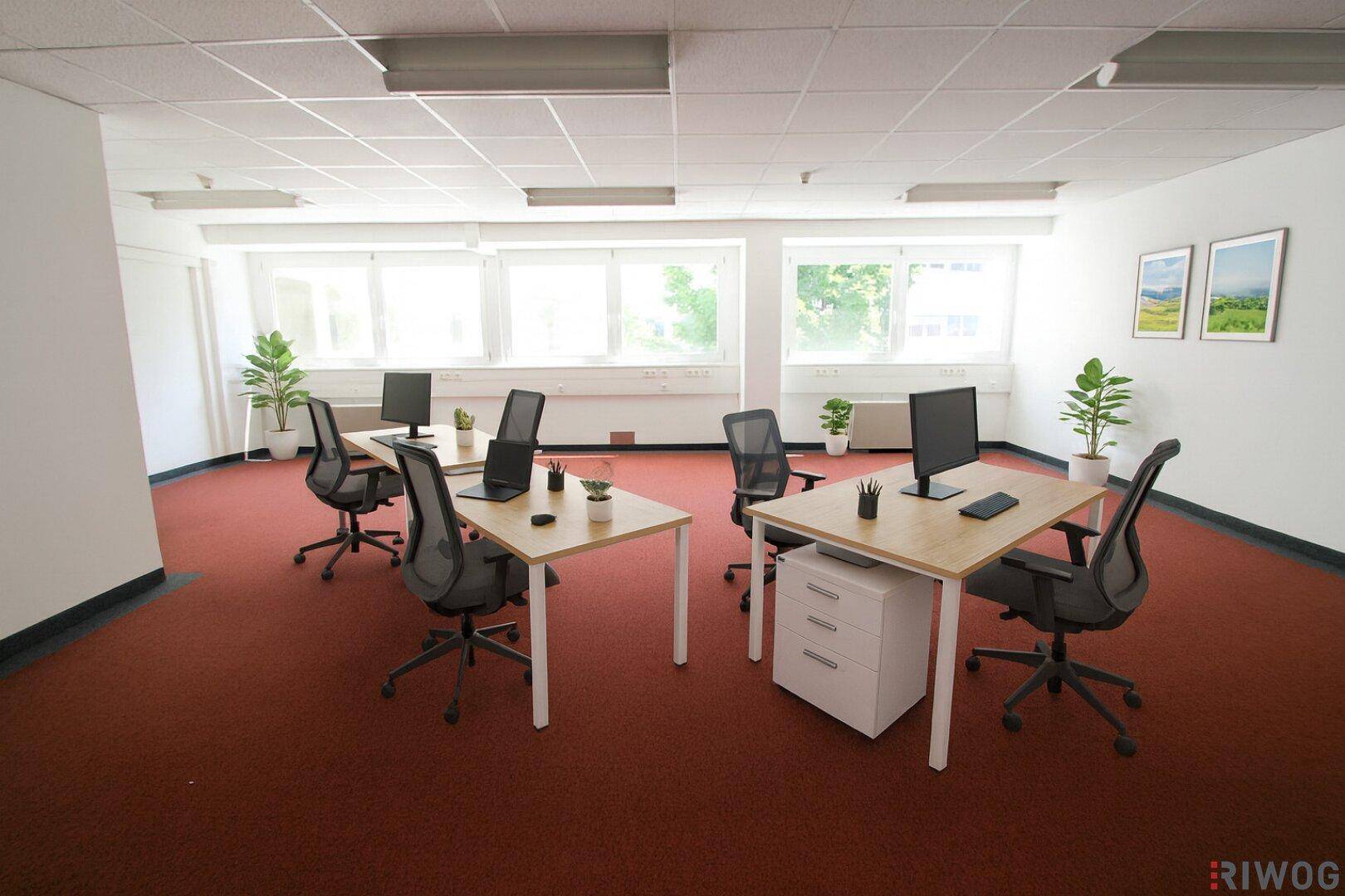Modernes Büro mit mehreren Arbeitsplätzen, roten Teppichfliesen und abgehängter Decke.