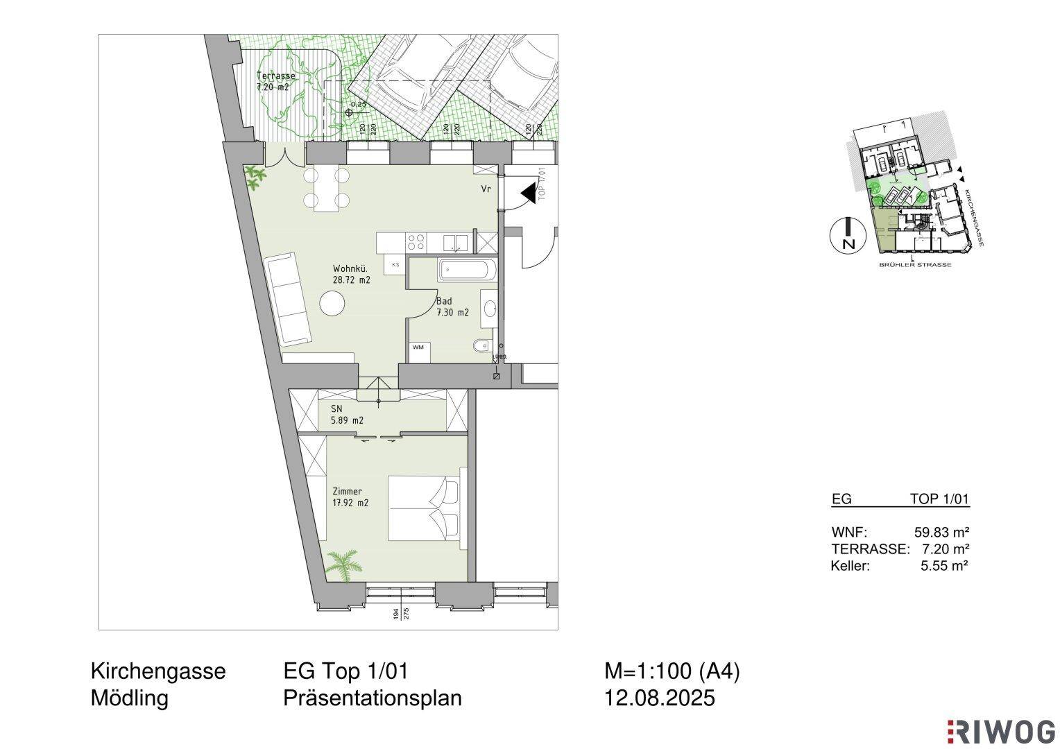 Präsentationsplan einer Erdgeschosswohnung mit offener Wohnküche, Schlafzimmer, Bad und Terrasse.