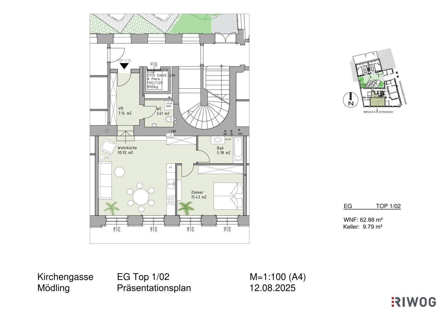 Grundriss einer Erdgeschosswohnung mit offener Wohnküche, einem Schlafzimmer, Bad, separatem WC und Zugang zu einem kleinen Garten.