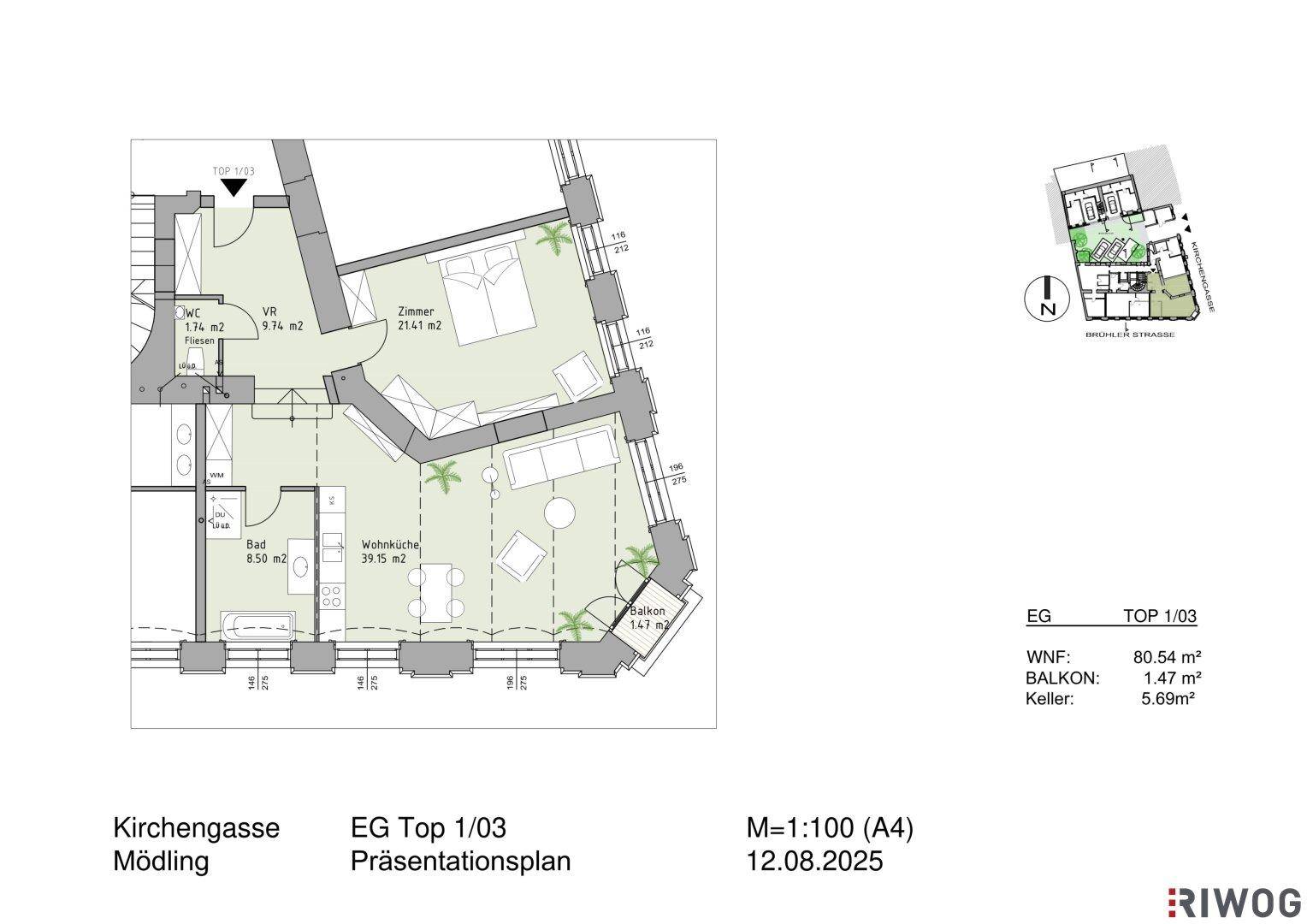 Grundriss einer Wohnung mit offenem Wohn- und Küchenbereich, einem Schlafzimmer, Bad, separatem WC und Balkon.