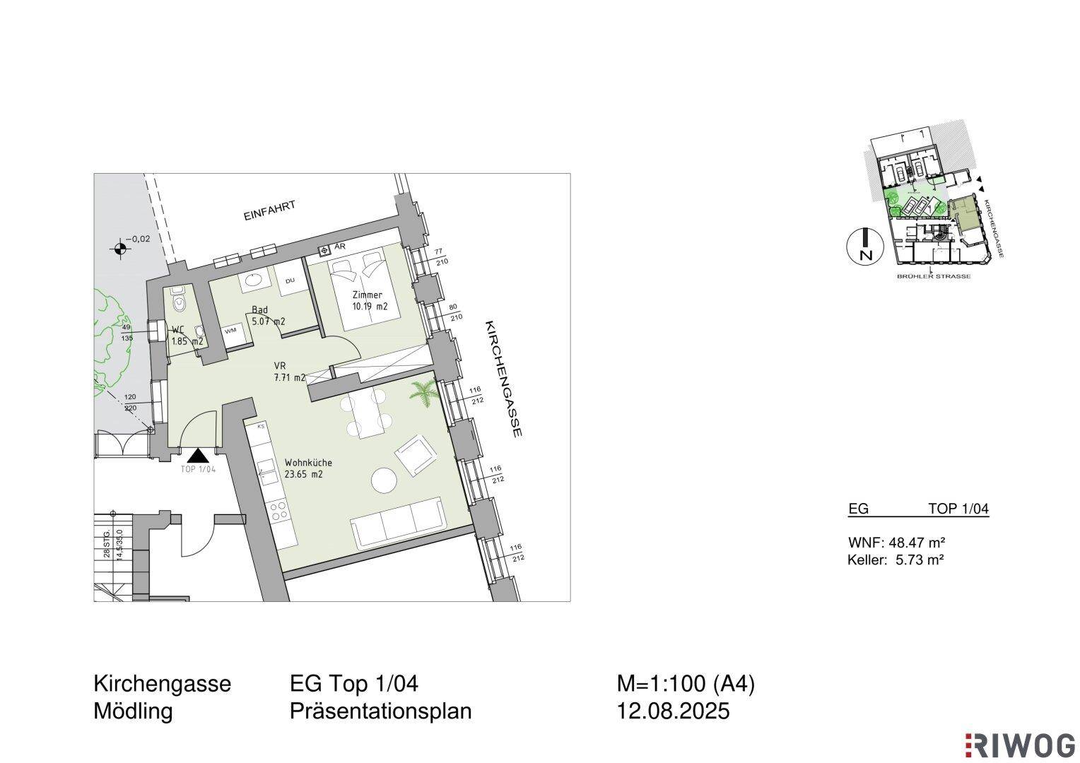 Grundriss einer Erdgeschosswohnung mit offener Wohnküche, einem Schlafzimmer, Bad, separatem WC und Gartenbereich.