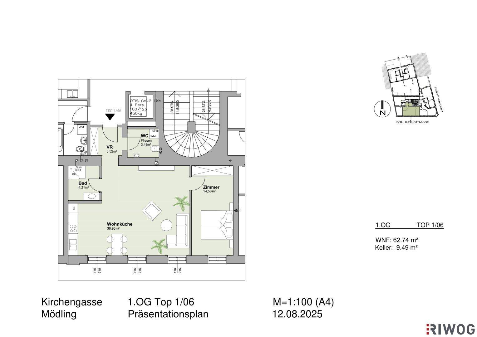 Grundrissplan einer Wohnung mit offenem Wohnküchenbereich, Schlafzimmer, Bad und separatem WC.