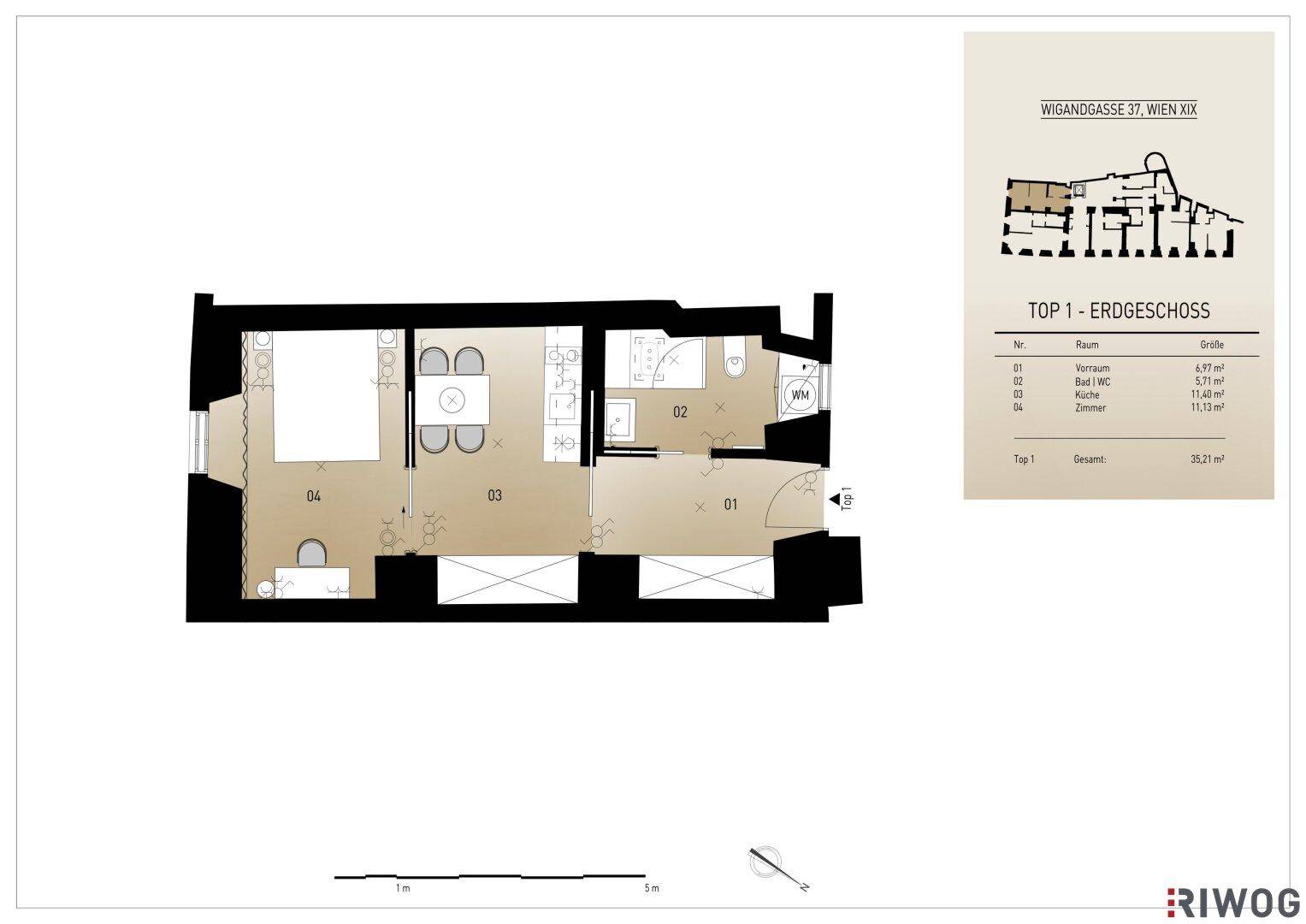 Grundriss des Erdgeschosses mit Schlafzimmer, Wohnbereich, Bad und separatem WC.