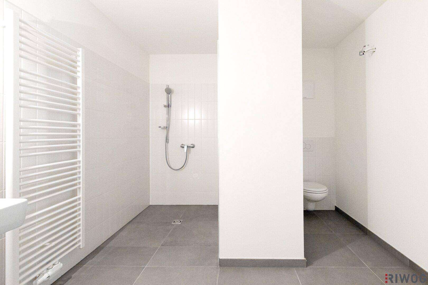 Modernes Badezimmer mit ebenerdiger Dusche, WC und Handtuchheizkörper.
