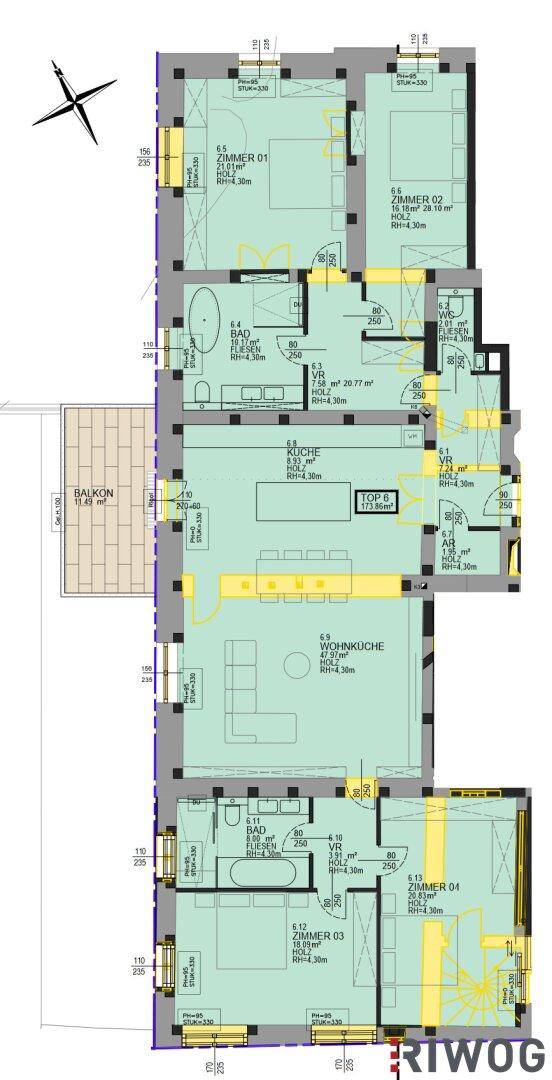 Grundriss einer Etage mit vier Zimmern, zwei Bädern und Balkonzugang.