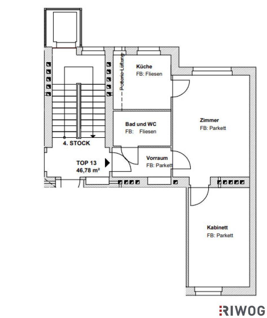Grundriss der Wohnung Top 13 im 4. Stock mit 46,78 m² Wohnfläche.