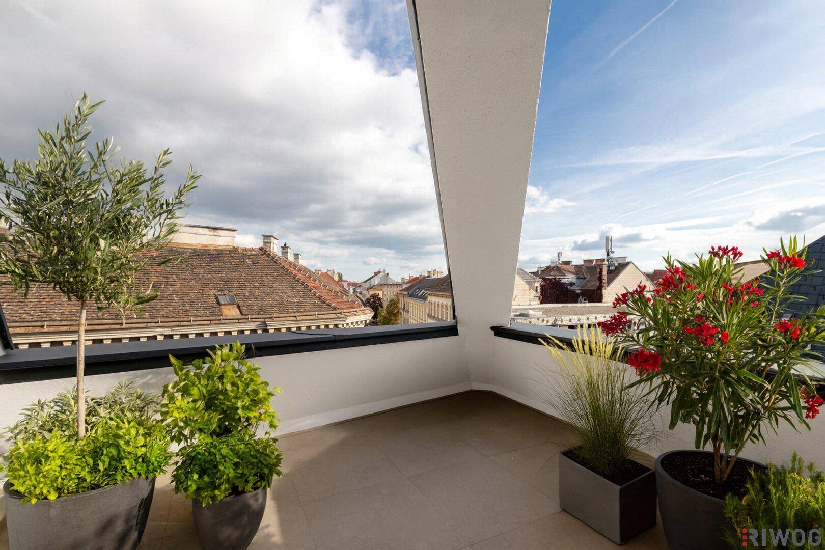Helle Dachterrasse mit Pflanzen und weitem Blick über die Dächer der Stadt unter blauem Himmel.