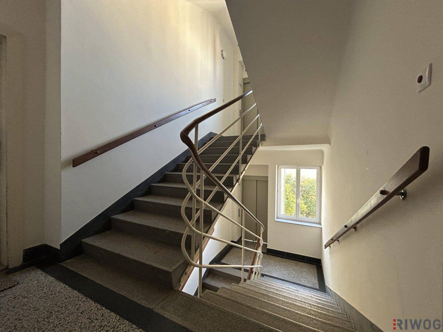Helles Treppenhaus mit Geländer und Zugang zum Aufzug in einem Mehrfamilienhaus.