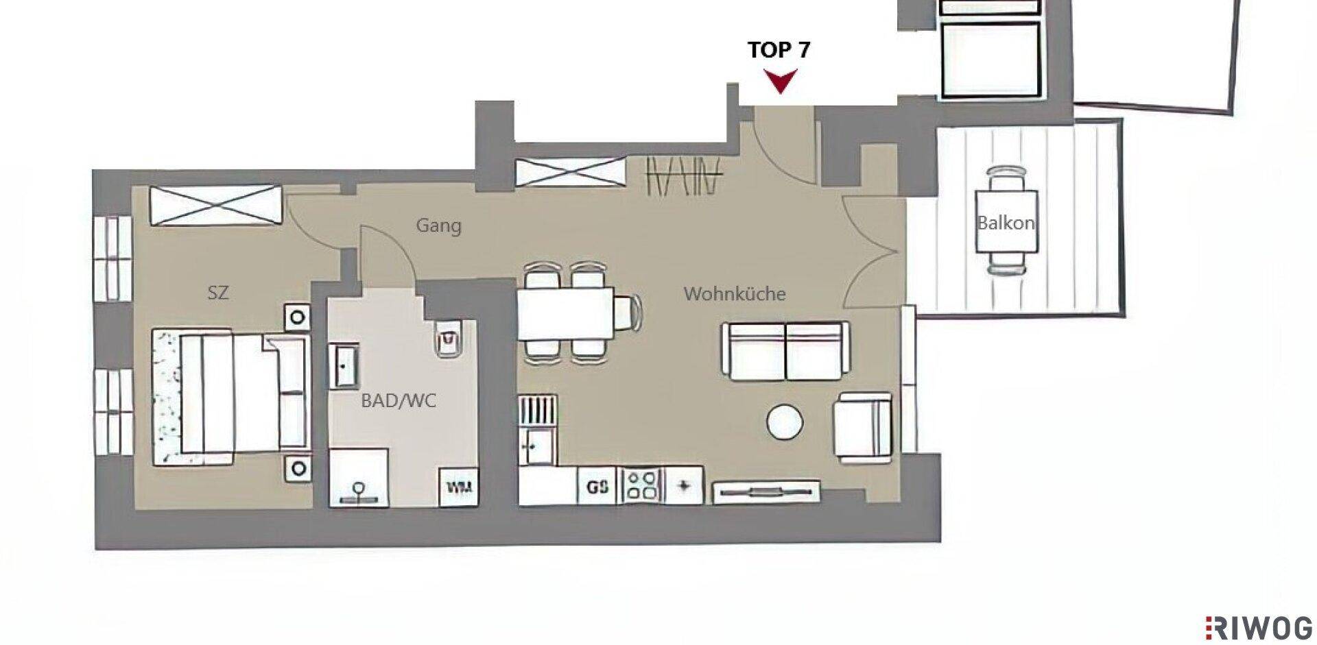Grundriss der Wohnung Top 7 mit offener Wohnküche, Schlafzimmer, Bad/WC und Balkon.