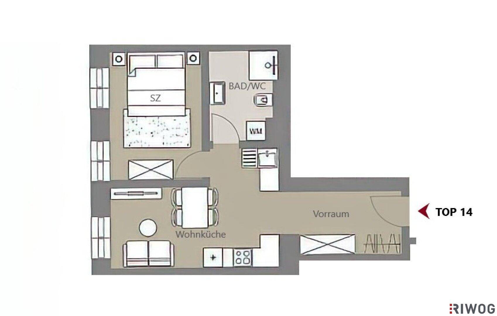 Grundriss für Top 14 mit Schlafzimmer, Bad/WC, Wohnküche und Vorraum.