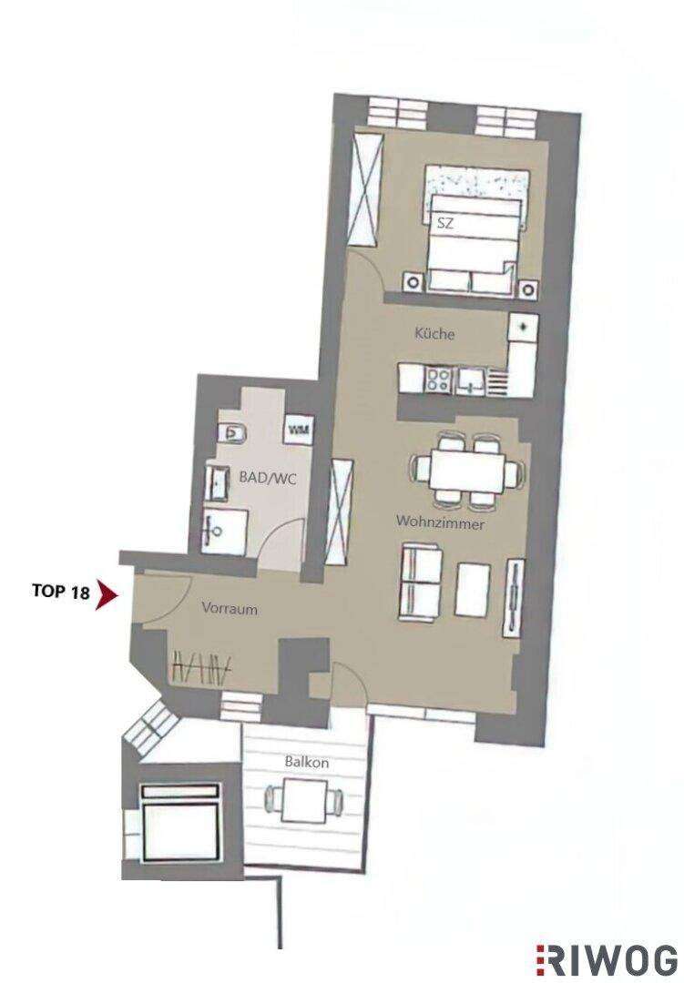 Grundriss für Top 18 mit Schlafzimmer, Küche, Wohnzimmer, Bad/WC und Balkon.