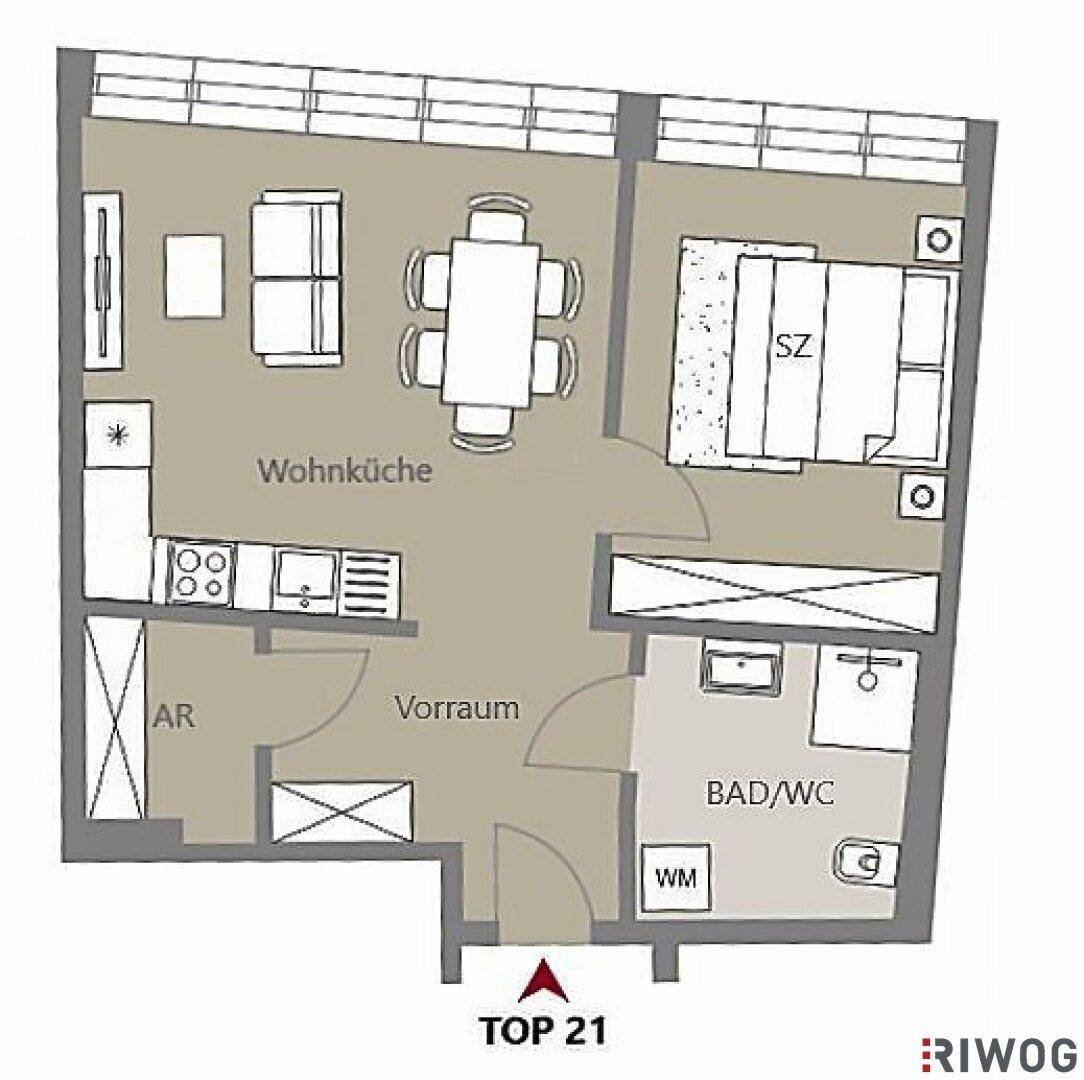 Grundriss einer Wohnung mit offener Wohnküche, Schlafzimmer, Bad und Vorraum.