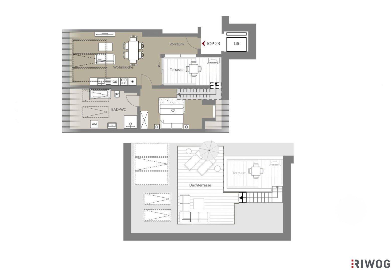 Grundriss einer Dachgeschosswohnung mit offener Wohnküche, Terrasse und Dachterrasse.