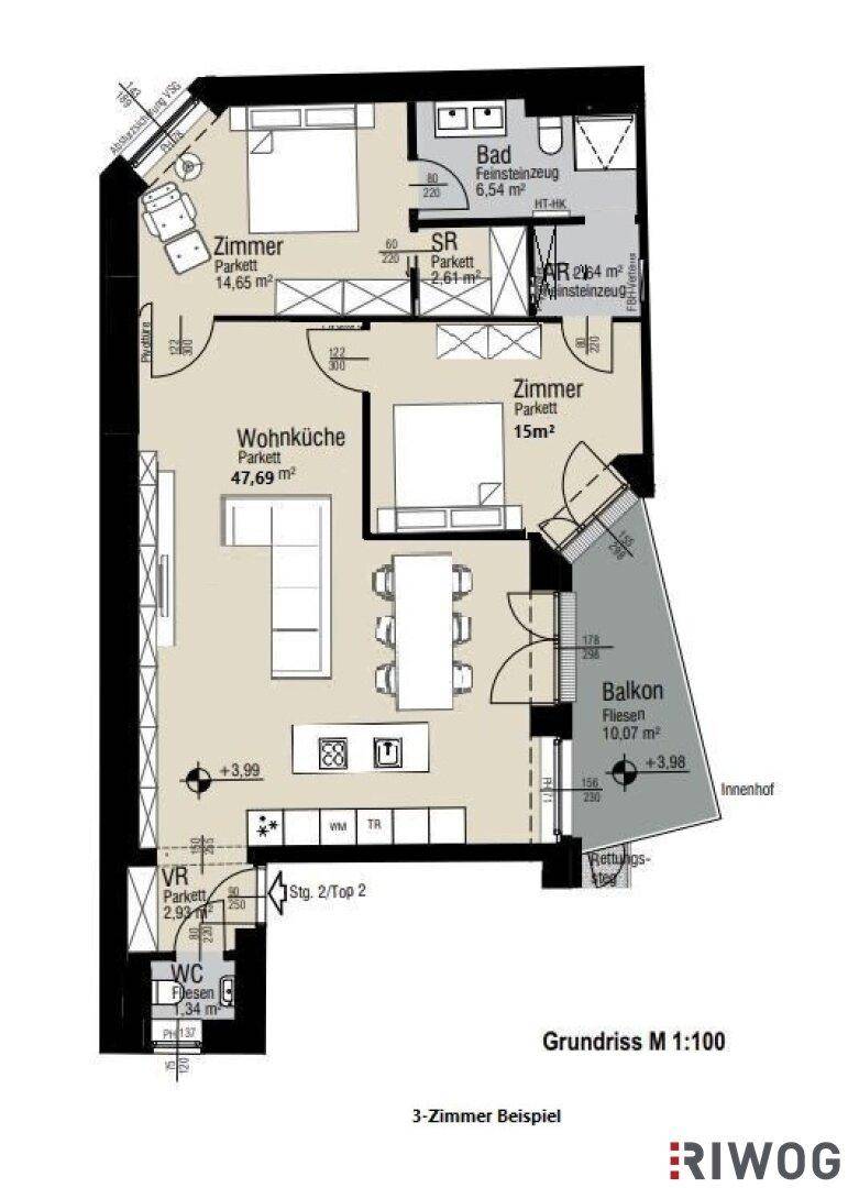 Grundriss zeigt eine 3-Zimmer-Wohnung mit Wohnküche, zwei Schlafzimmern, Bad, WC und Balkon.