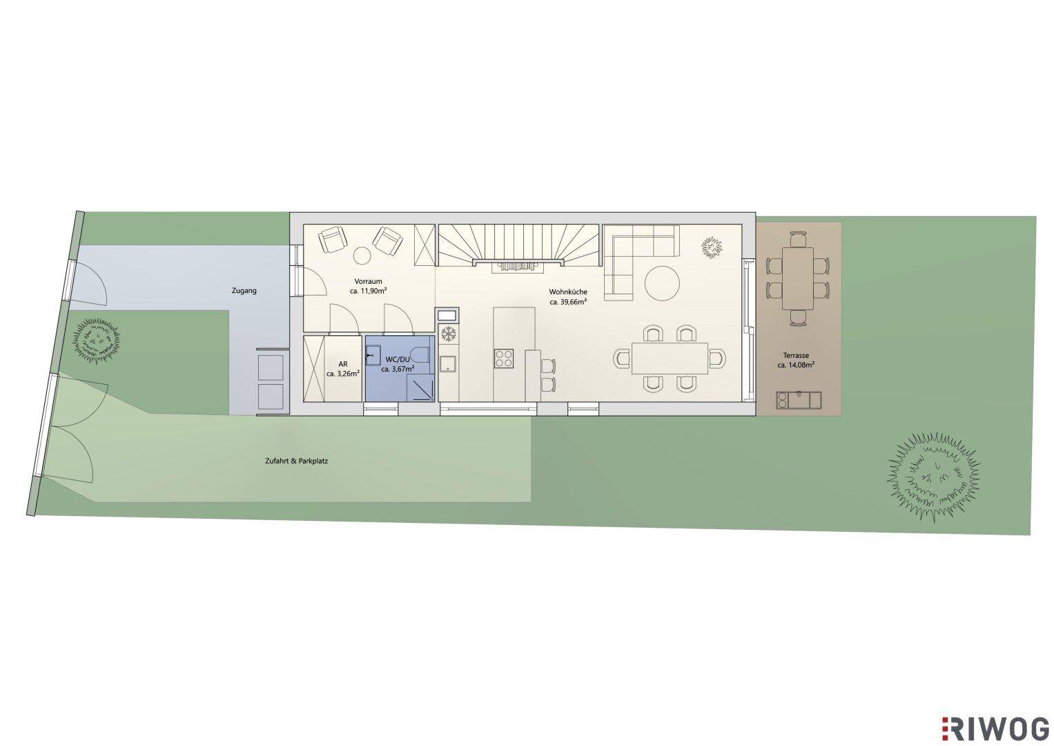 Grundriss des Erdgeschosses mit offener Wohnküche, Terrasse und Parkplatz.