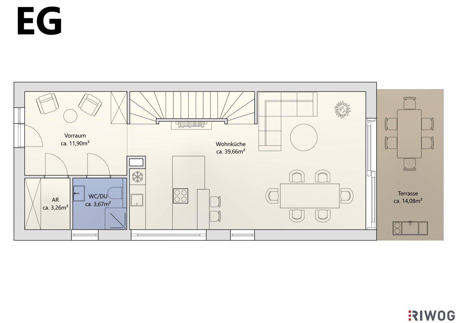 Detaillierter Grundriss des Erdgeschosses mit Wohnküche, WC/Dusche und Terrasse.