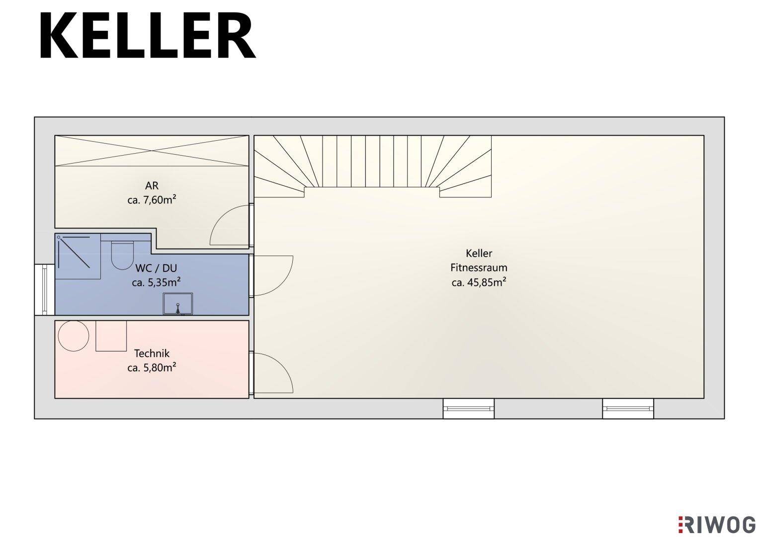 Detaillierter Kellergrundriss mit großem Fitnessraum, separatem WC/Duschbereich und praktischen Abstellflächen.