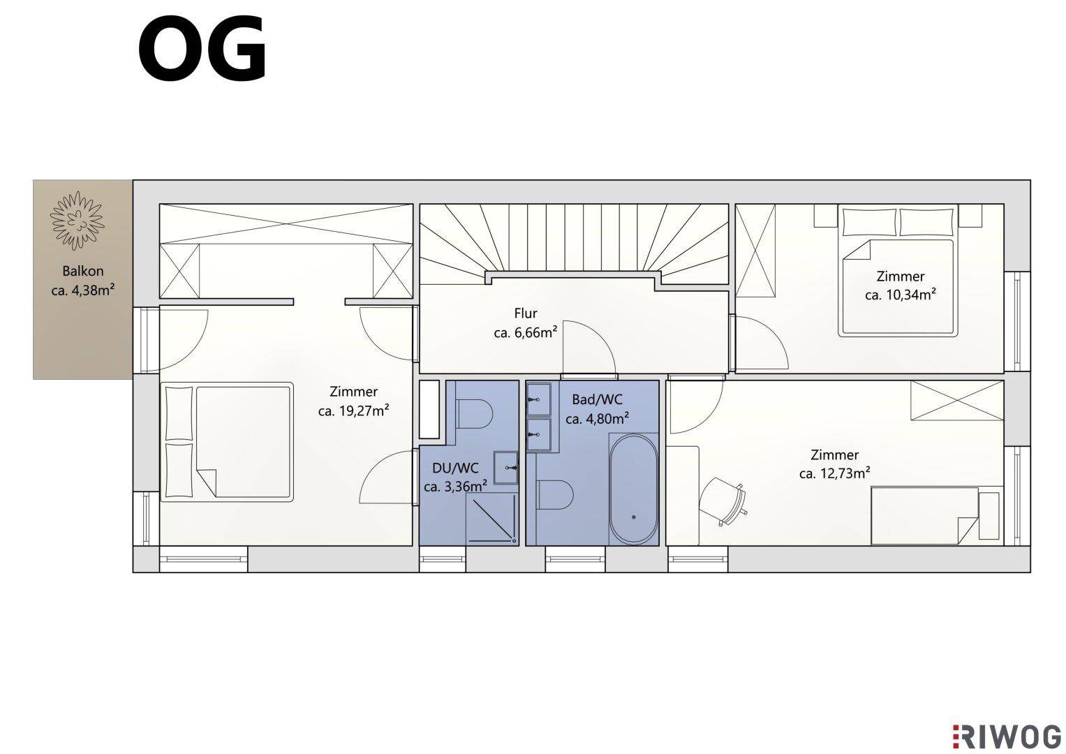 Grundriss des Obergeschosses mit drei Zimmern, Bad, WC/Dusche und Balkon.