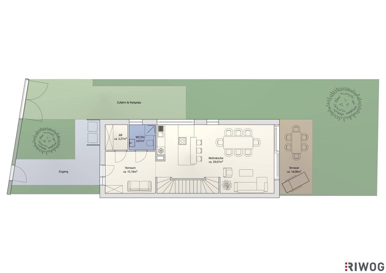Grundriss des Erdgeschosses mit offenem Wohn-Essbereich, Küche, WC/Dusche und Zugang zur Terrasse.
