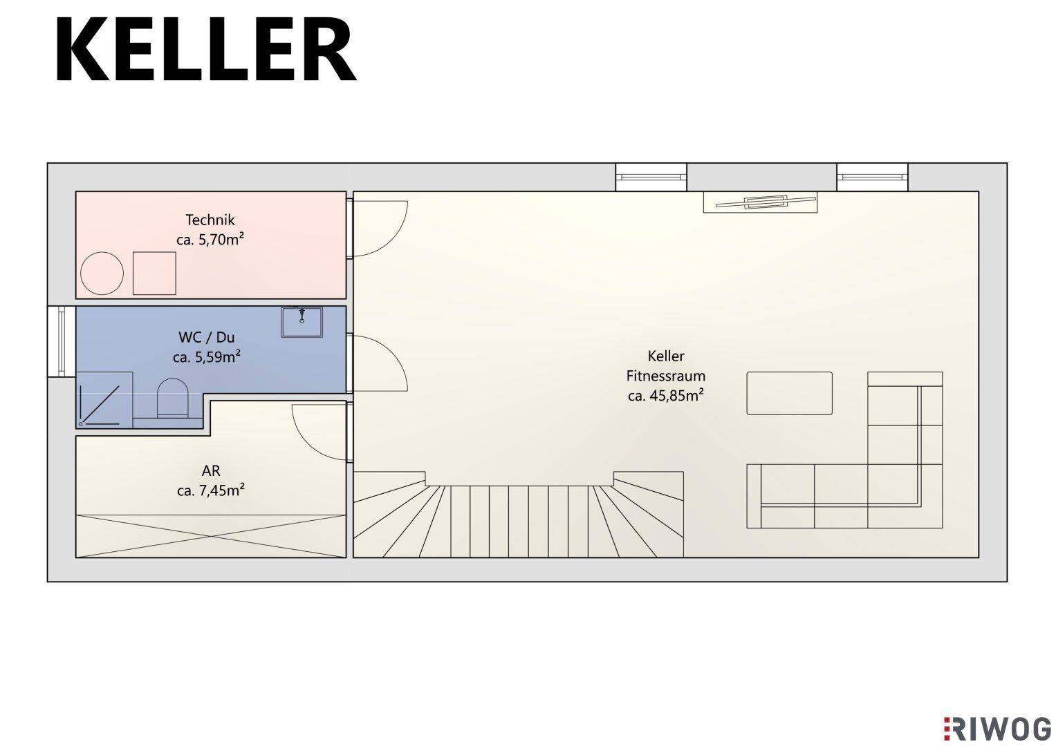 Grundriss des Kellers mit Technikraum, WC/Dusche, Abstellraum und einem Fitnessraum.