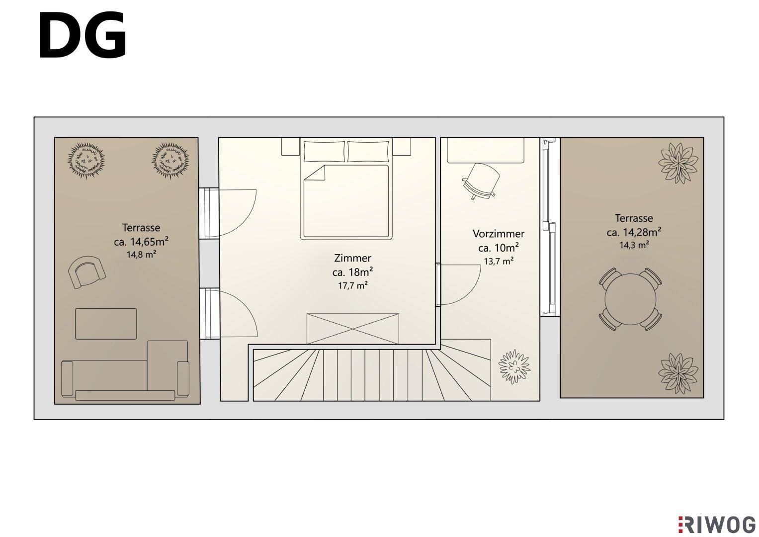 Grundriss des Dachgeschosses mit einem Zimmer, Vorzimmer und zwei großzügigen Dachterrassen.